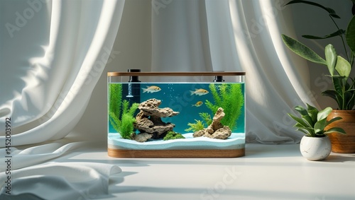 Photorealistic image of a usb desktop aquarium with soft white backdrop