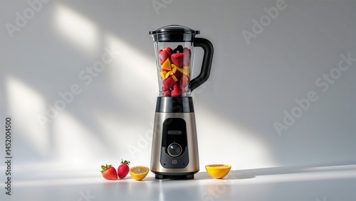 Photorealistic image of a cordless handheld blender with whisk attachment on a white background