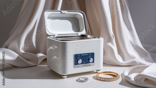 Photorealistic image of a ultrasonic jewelry cleaner on a white background