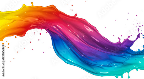 Artistic colorful paint splashes of blue and rainbow hues create an abstract watercolor wave with ink and splatter texture