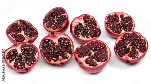Top down view of pomegranate halves and seeds artfully arranged on white background rich ruby color popular antioxidant rich fruit in American diets cut out on isolated transparent removed background