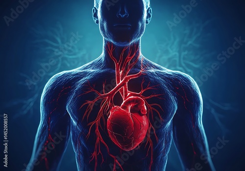 Detailed anatomical illustration of the human heart and circulatory system, highlighting visible veins and internal structures in an adult male body.