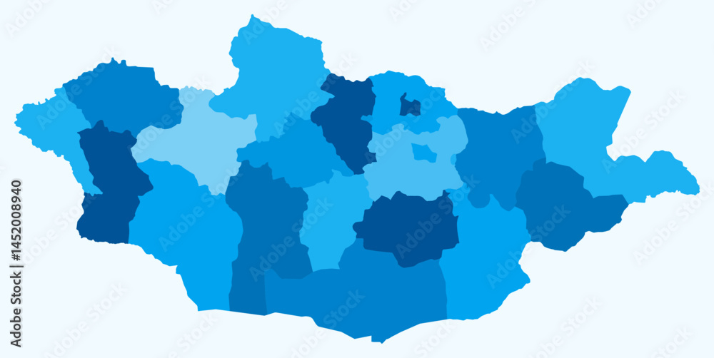 Map of Mongolia with regions. A simple country border map with regional divisions. Light blue color palette. Flat Mongolia shape with administrative division. Vector illustration. Map of Mongolia with regions. A simple country border map with regional divisions. Light blue color palette. Flat Mongolia shape with administrative division. Vector illustration.