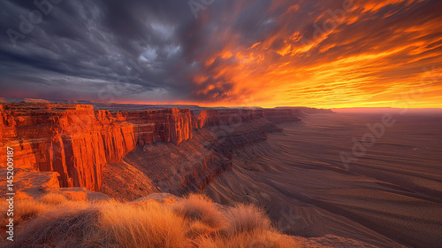 A beautiful sunset over a canyon with a cloudy sky