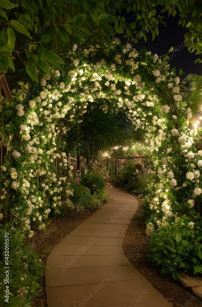 Obraz premium A beautifully lit circular archway, covered in white flowers, guides visitors through a serene garden pathway. The soft glow of lights adds to the enchanting atmosphere at night