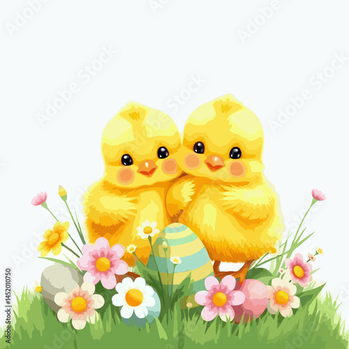 easter chicks and eggs with floral on white