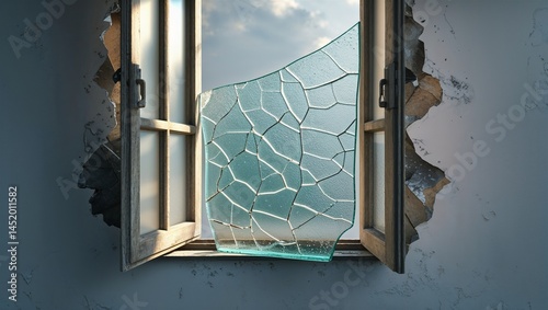 Photorealistic image of a chipped glass by open window photo