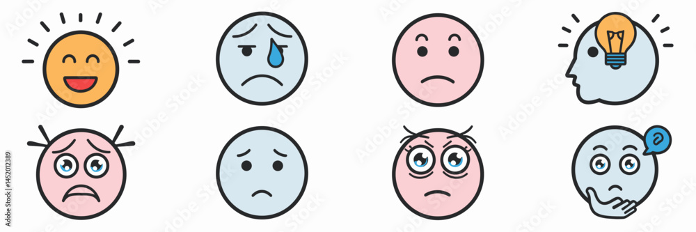 Fototapeta premium Vector sheet of icons with different states of mind including happy, sad, neutral, surprised, and thinking faces