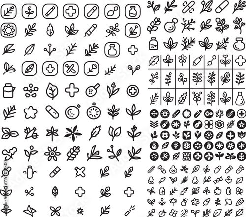 Medicinal Plant and Herb Outline Vector Icon Set
