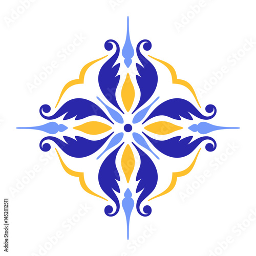 Mediterranean blue yellow floral motif on white background. Ethnic traditional design. Portuguese, Moroccan, Spanish ornament. Vector illustration