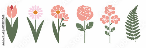 Vector sheet of spring plants and flower icons – Ideal for floral illustrations, gardening websites, or nature-related content.