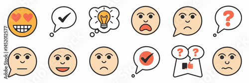 Vector sheet of icons symbolizing different states of mind – Ideal for content about love, inspiration, and emotional balance, or creativity tools.