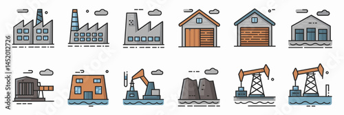 Vector sheet of industry icons – Great for business branding, factory-related content, or industrial-themed designs.