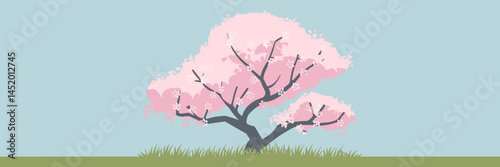 Vector icon sheet of a full-bloom spring cherry blossom tree with pink flowers on branches, set against a light blue sky and grassy field