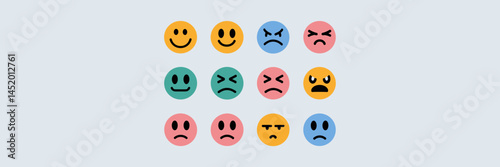 Vector sheet of simple emotional face icons on a white background – Perfect for content on mood tracking, digital health apps, or emotional support.