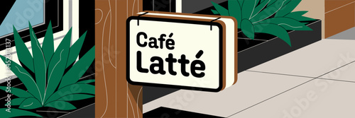Cafe sign with latte with a modern design and concrete sidewalk