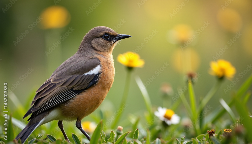 Fototapeta premium Colorful Small Bird Perched in Vibrant Wildflower Meadow