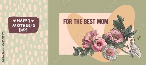 Mother's Day! Editable poster with bouquet of individual flowers in soft pastel pink palette, background and handwritten text. Digital illustration for branding, printing
