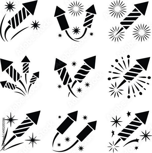 Firework Rocket Silhouette Set | Festival & Celebration Icons Fireworks Icon Bundle | Rocket Silhouettes for Holiday Design
