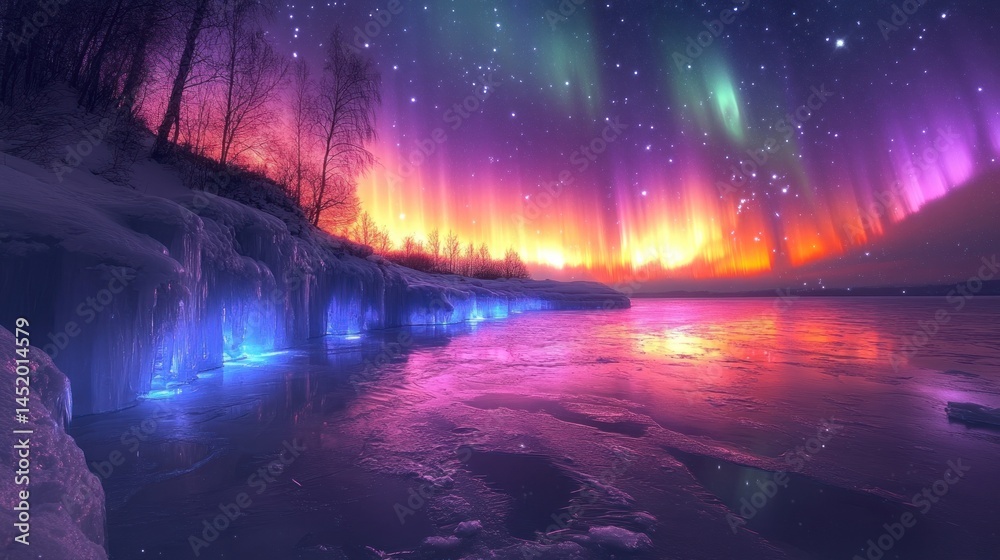 Obraz premium Enchanted Winter Night: Aurora Borealis over Frozen Lake