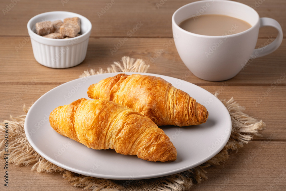 Freshly baked croissants served with a hot cup of coffee on a wooden table in a cozy setting Freshly baked croissants served with a hot cup of coffee on a wooden table in a cozy setting