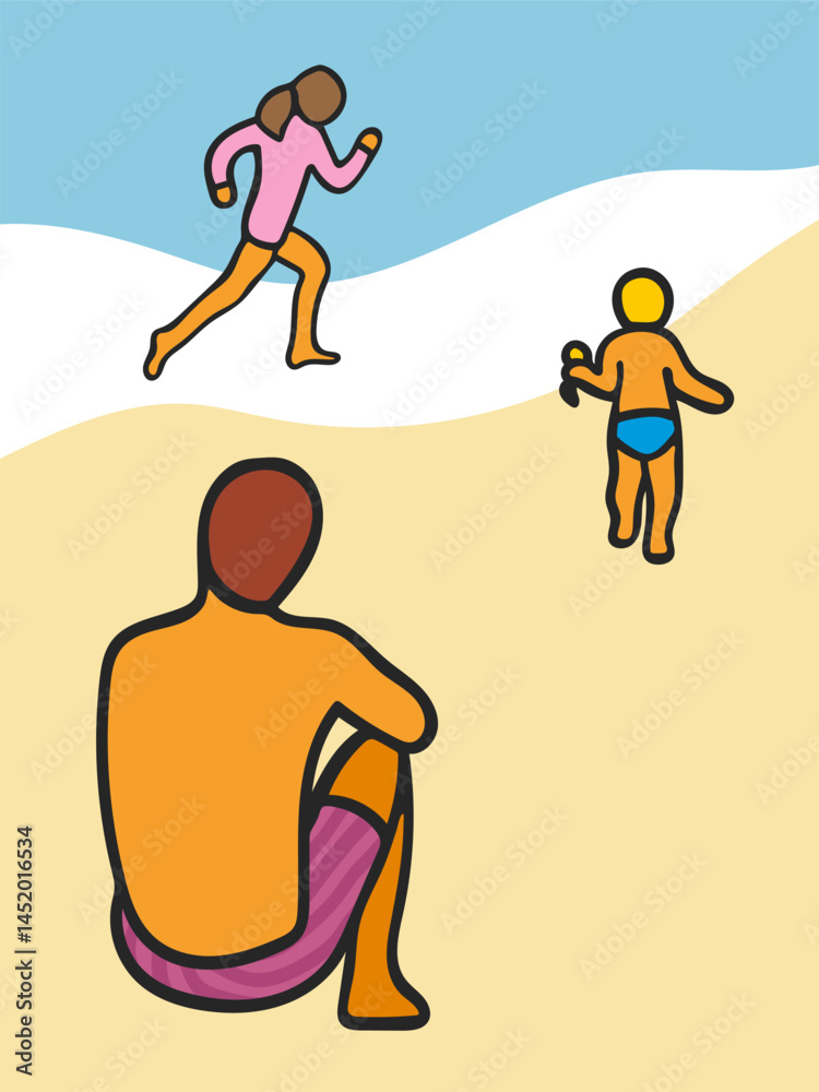Father with kids resting on a beach Father with kids resting on a beach