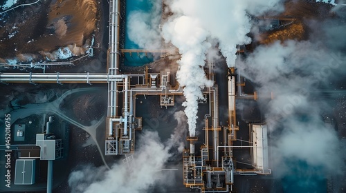 Aerial View of Industrial Geothermal Plant: Steam Rises from Pipes and Structures, Showing Complex Network of Geothermal Energy Production. High-Angle Shot Reveals the intricate system's operations
