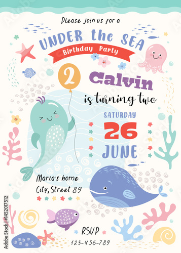 Under the sea  cute birth day party invitation vertical  card for  boy, with hand drawn elements, celebration, decoration, sea life, vector illustration
