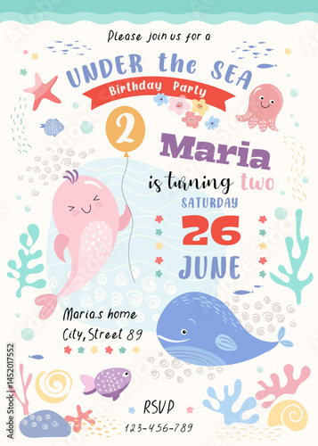 under the sea  cute birth day party invitation vertical  card for  girl, with hand drawn elements, celebration, decoration,  aquatic, vector illustration