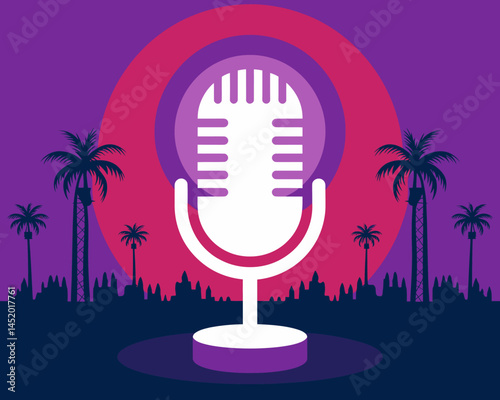 Retro microphone in a modern city background illustration