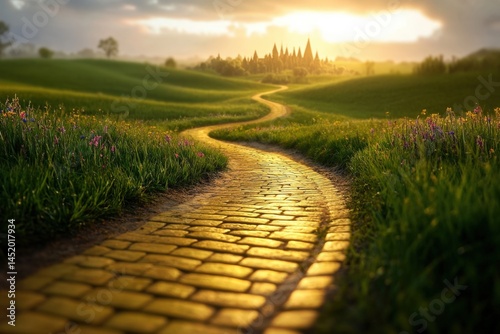the yellow brick road leading to a distant city at sunset