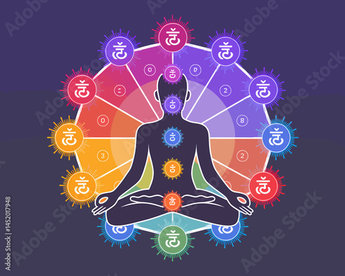 Meditating Silhouette Surrounded by Chakra Symbols on Dark Background