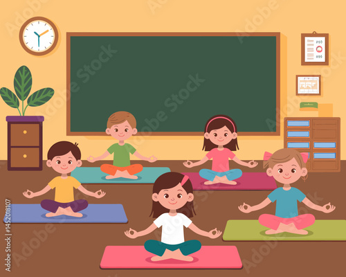 Mindful Kids Practicing Yoga in Classroom for Relaxation