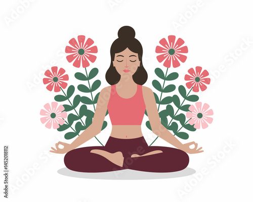 Woman Meditating in Lotus Position surrounded by flowers