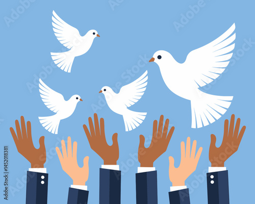 Diverse Hands Reaching Doves Flying Up Towards Peace