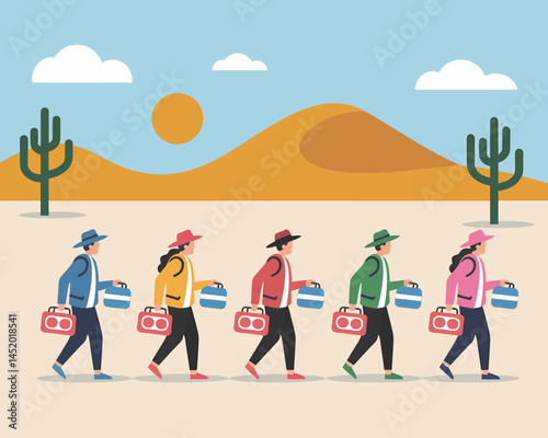 Desert Travelers with Boomboxes in Varied Colors Illustration
