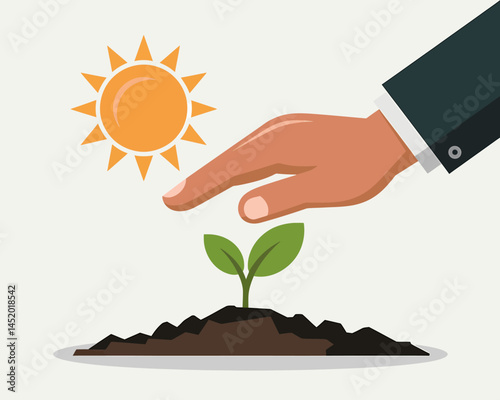 Protecting Sprout With Hand and Sun Vector Illustration