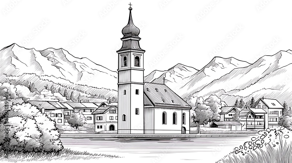 Obraz premium Alpine Church Sketch Majestic Mountain Village.