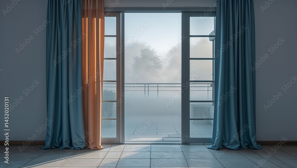 Obraz premium Photorealistic image of a fog outside glass door with curtain