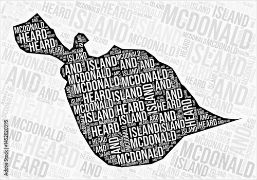 Heard Island and McDonald Islands regions map word cloud. Heard Island and McDonald Islands region names. Black and white map design. Amazing vector illustration.