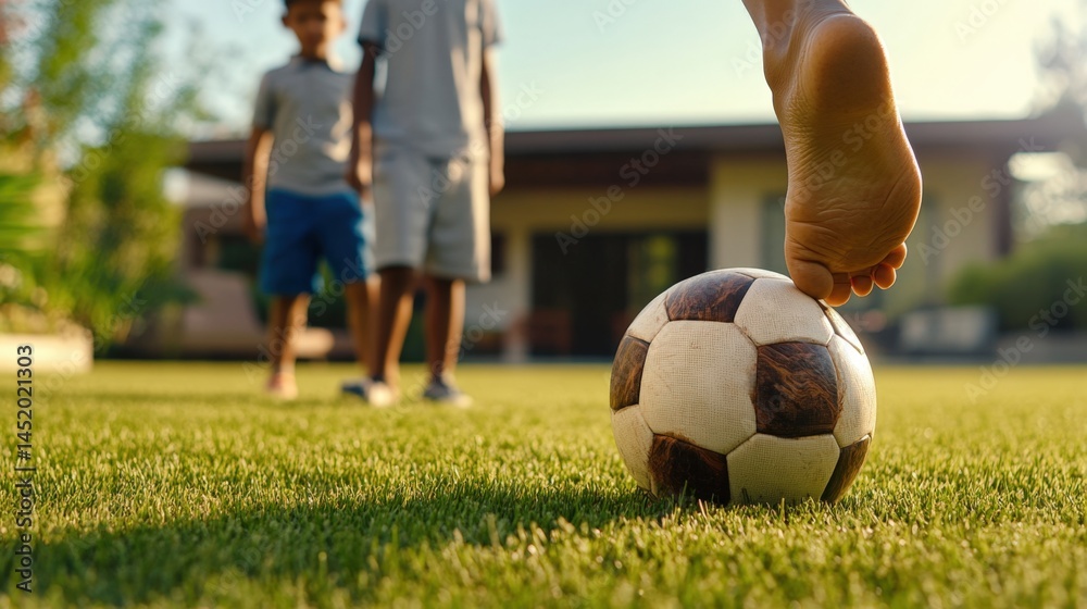 Fototapeta premium child's foot on a soccer ball in a yard