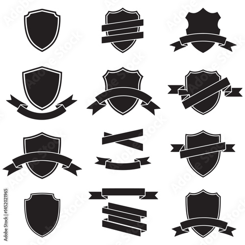 Vintage shield and ribbons banner adjust set bundle silhouette variation design ideal for title and badge art
