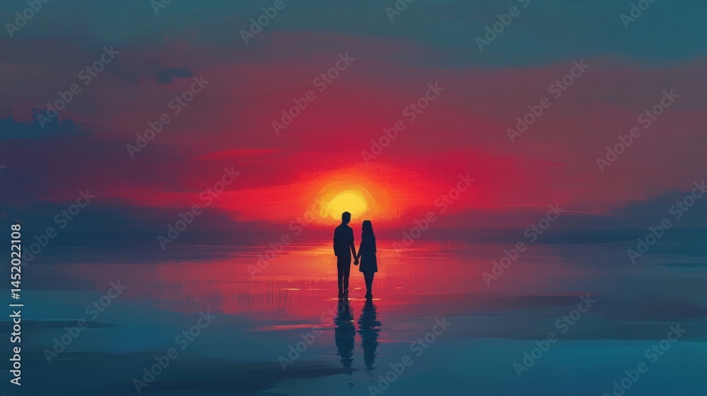 Silhouetted Couple at Sunset, Holding Hands by the Lake's Edge Silhouetted Couple at Sunset, Holding Hands by the Lake's Edge