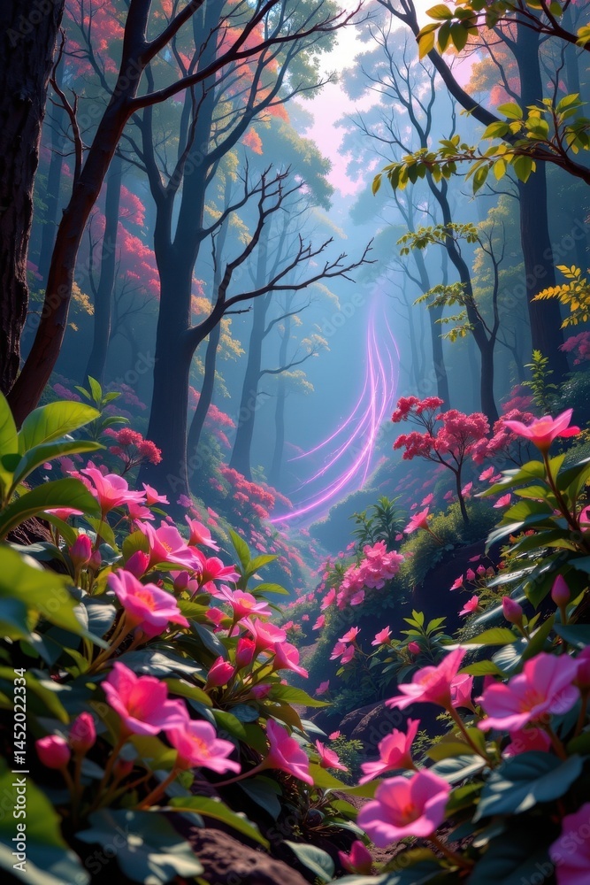 pulsewaves traveling through a futuristic forest, where the flora reacts to the energy