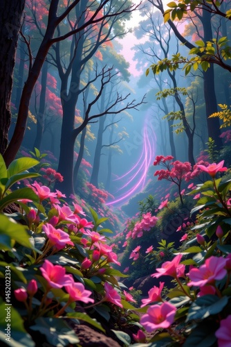 Obraz na płótnie pulsewaves traveling through a futuristic forest, where the flora reacts to the energy w salonie