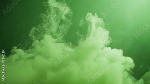 Ethereal green smoke fills the frame, creating a mystical atmosphere.