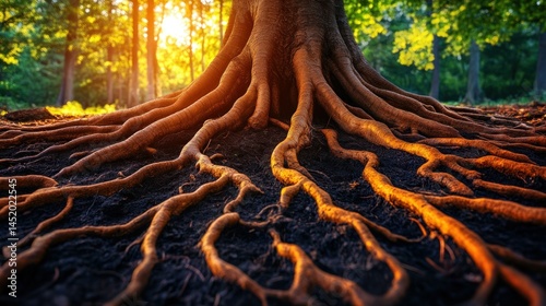 Forest floor, sunlit tree roots