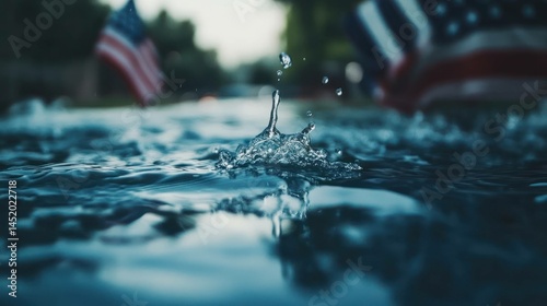Water drop splashing in a puddle, with American flags in the background.