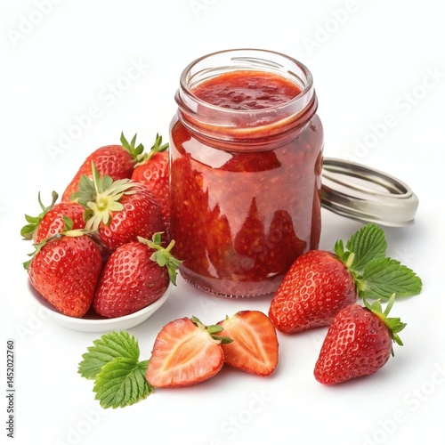 Wallpaper Mural Delicious homemade strawberry jam in a glass jar with fresh, ripe strawberries and green leaves on a white background. Torontodigital.ca