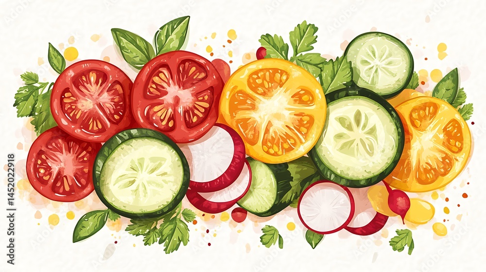 Fresh Sliced Tomatoes with Cucumbers, and Radishes. Fresh Sliced Tomatoes with Cucumbers, and Radishes.